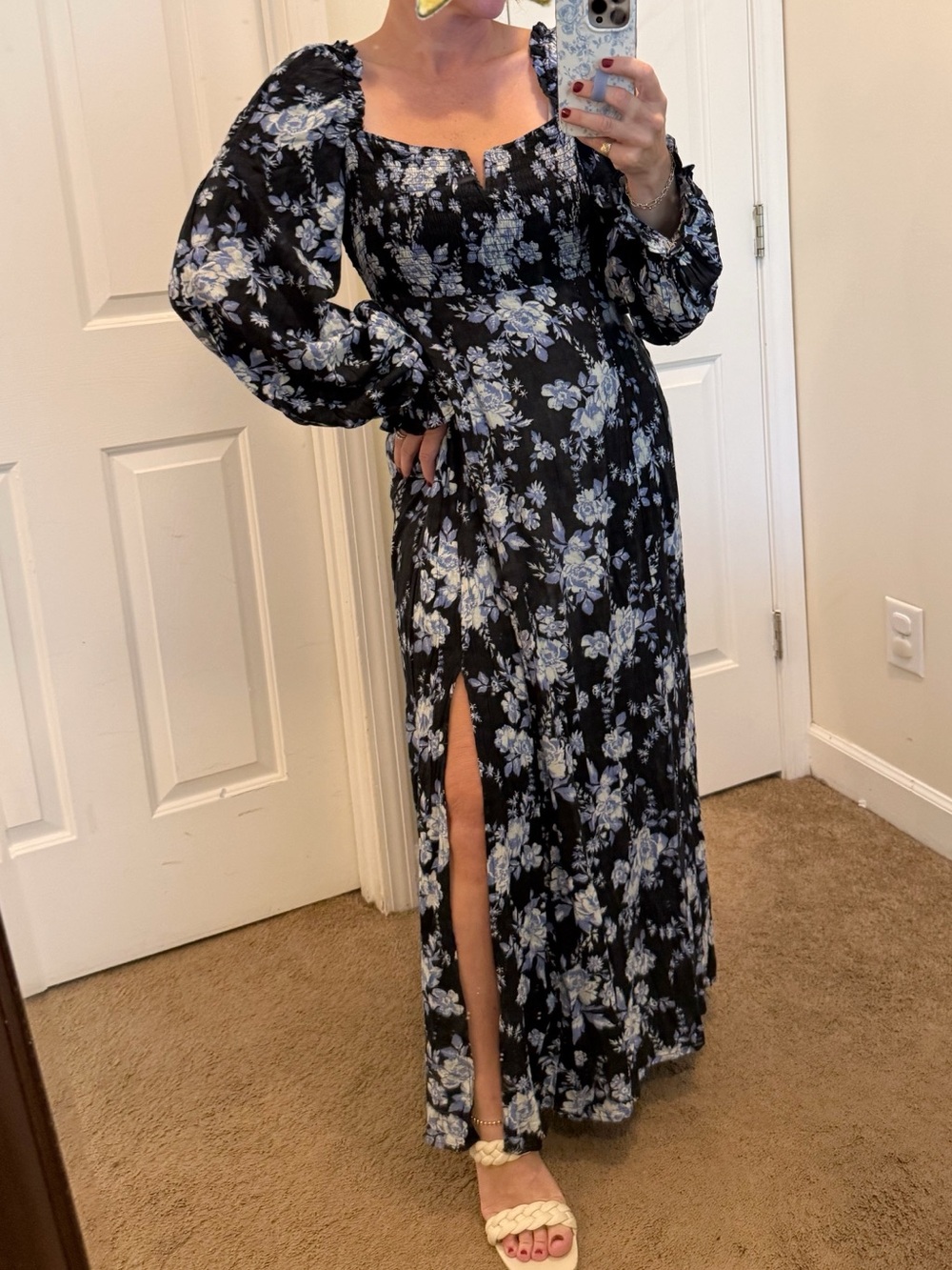 Free People Floral Smocked Maxi Dress with Puff Sleeves - Black Blue